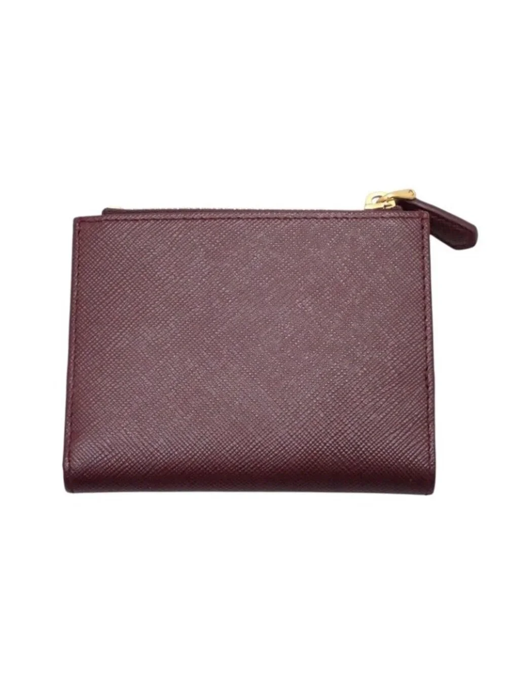 Prada Saffiano Triangle Bifold Wallet Bordeaux Burgundy Gold Genus